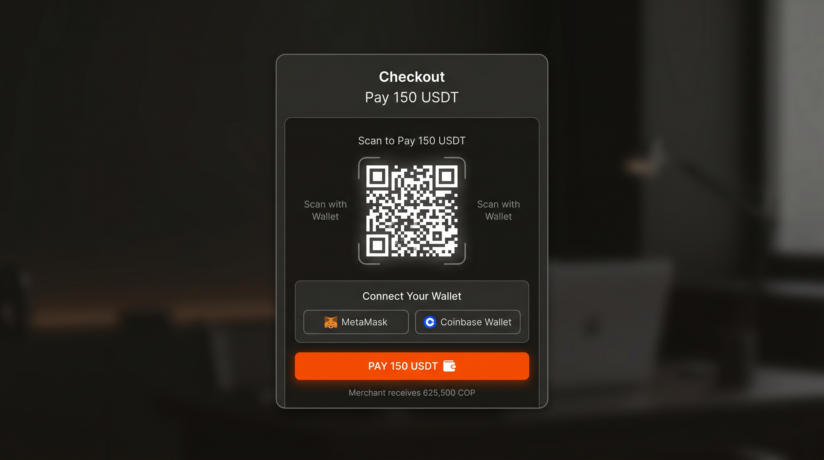 Crypto payment checkout widget with QR code and wallet options converting USDT to COP